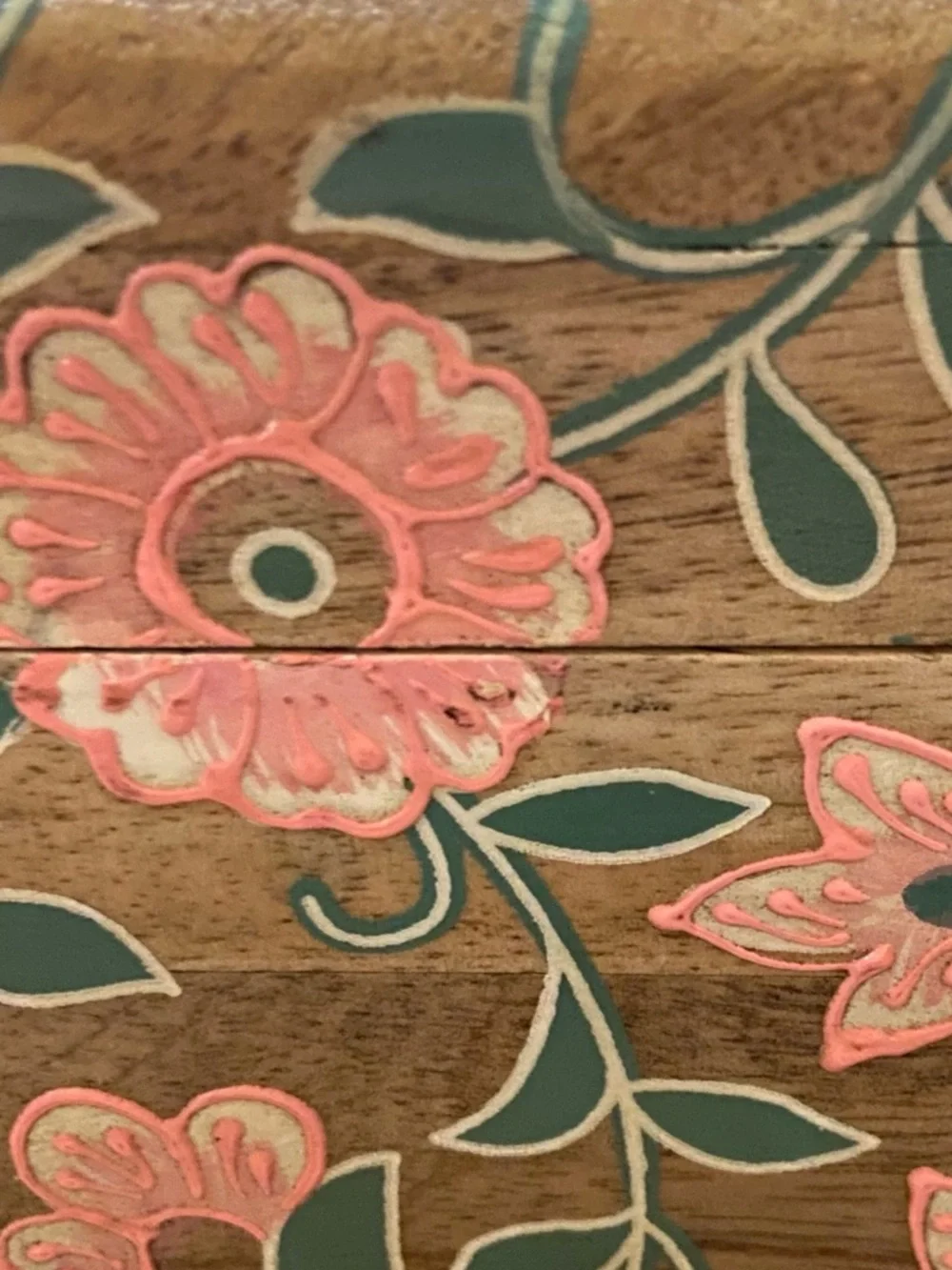 Hand Painted Large Wooden Floral Storage Box Pink Flowers Boho Made in India NWT